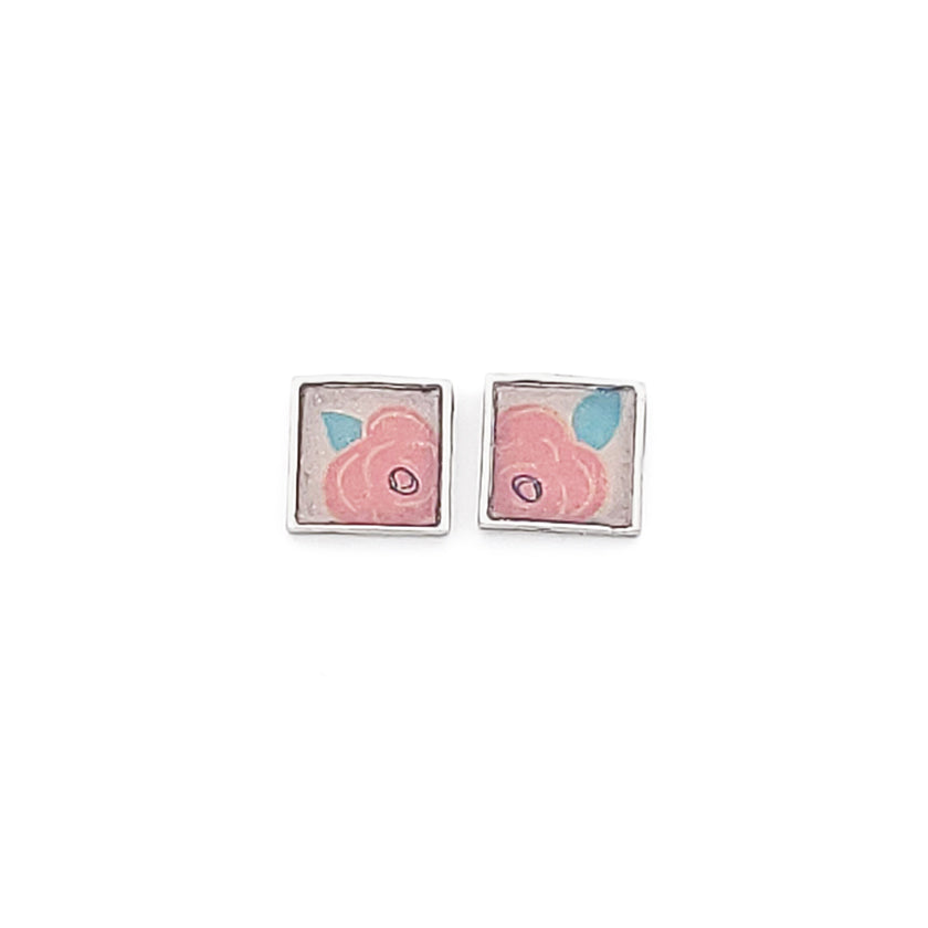 Earrings STUDS- Small SQUARE - WASHI - "SWEET FLOWERS"